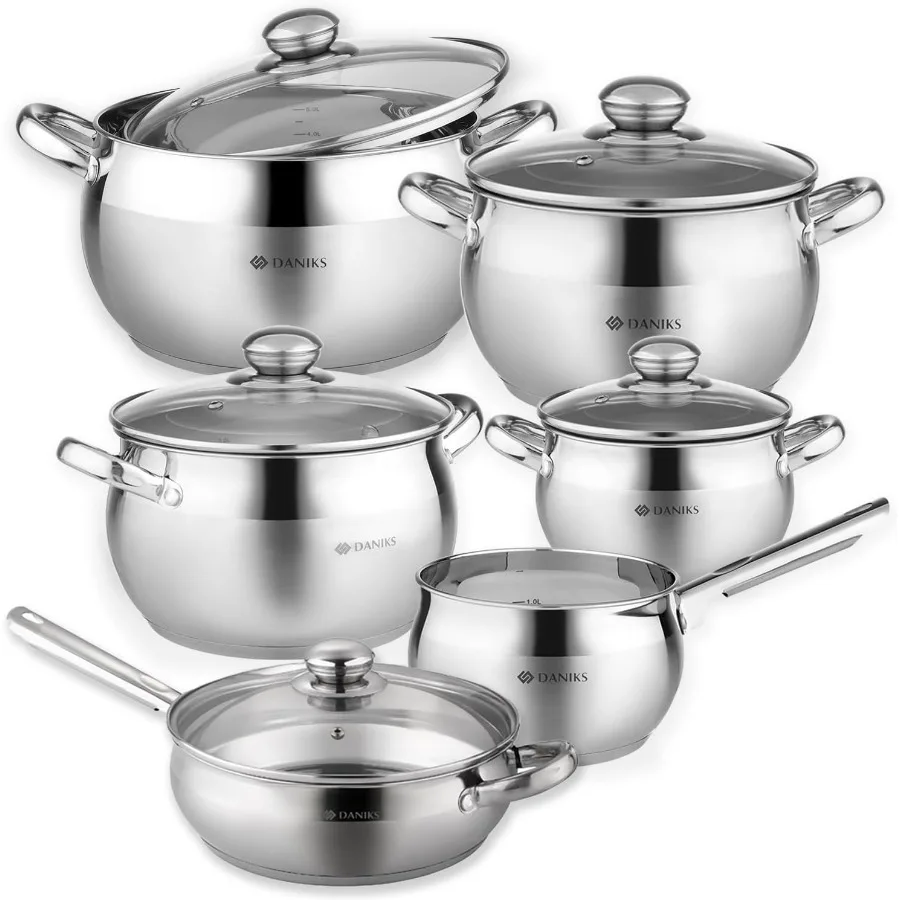 

11Piece Stainless Steel Induction Cookware Set with Classic Frying Pan Dishwasher Safe Pots and Saucepans Featuring Glass Lids
