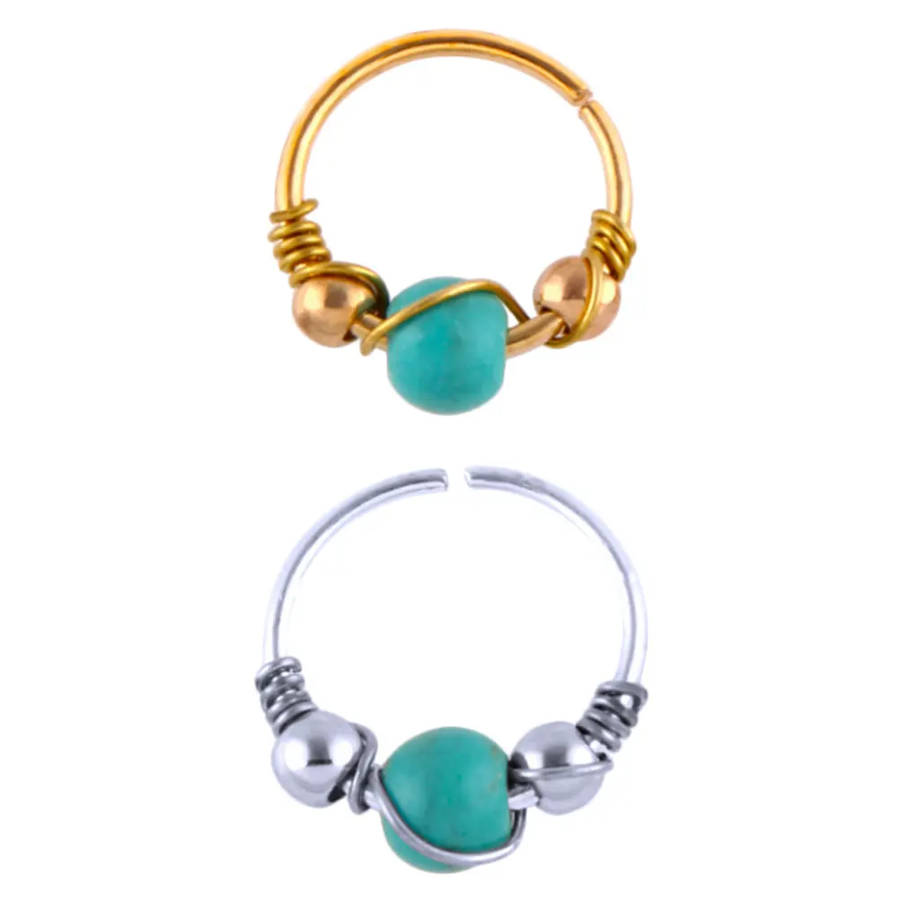 

2 Pcs Turquoise Winding Nose Ring Ear Bone Stud Labret Body Piercing Double Hoop Earrings for Women Premium Stainless Steel