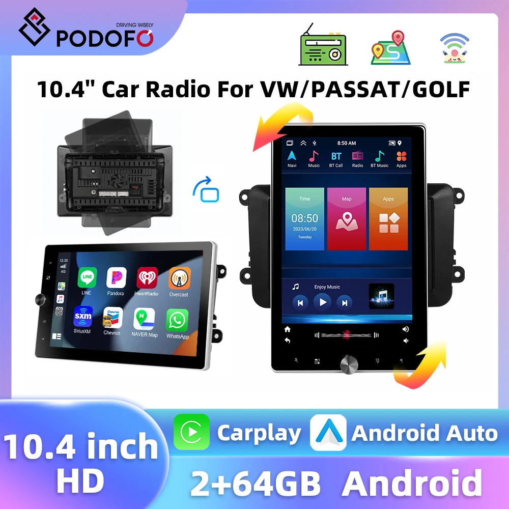 Podofo 10.4'' 2+64G Car Stereo For VW/PASSAT/GOLF/TOURAN/POLO Multimedia Player Carplay Android Auto GPS Navigation FM Car Radio