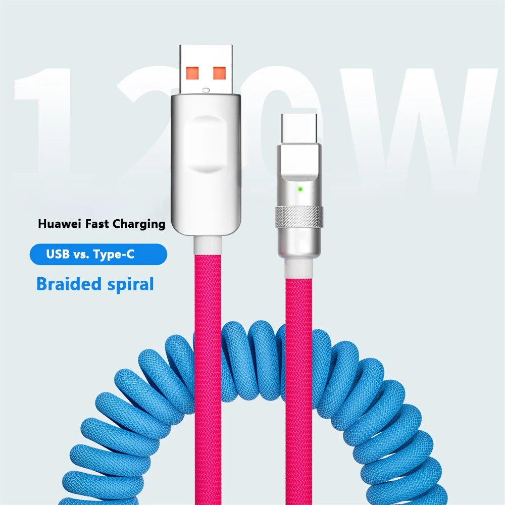 120W Spring Charging Cable Fast Charging Stretchable Data Cable USB to Type C Quick Charge Data Line For Samsung Huawei Android