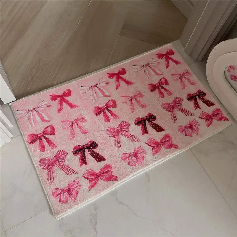 Plush Carpet Thickened Retro Bow Rugs Bedroom Living Room Bedside Cute Floor Mat Home Decoration Pink Carpet Round Angel Footmat