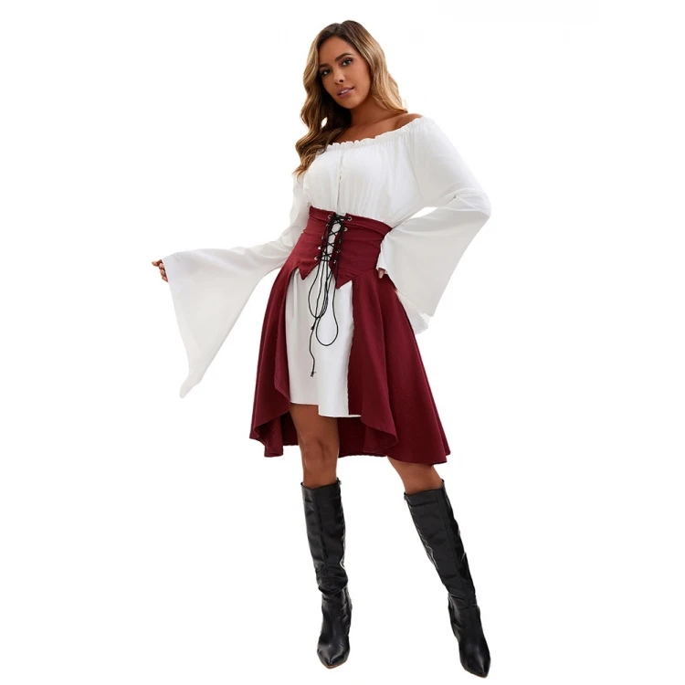 Długi damski top w stylu pirackim z marszczeniem w talii, idealny na cosplay, występy sceniczne, Halloween, średniowieczne i renesansowe tematyki.