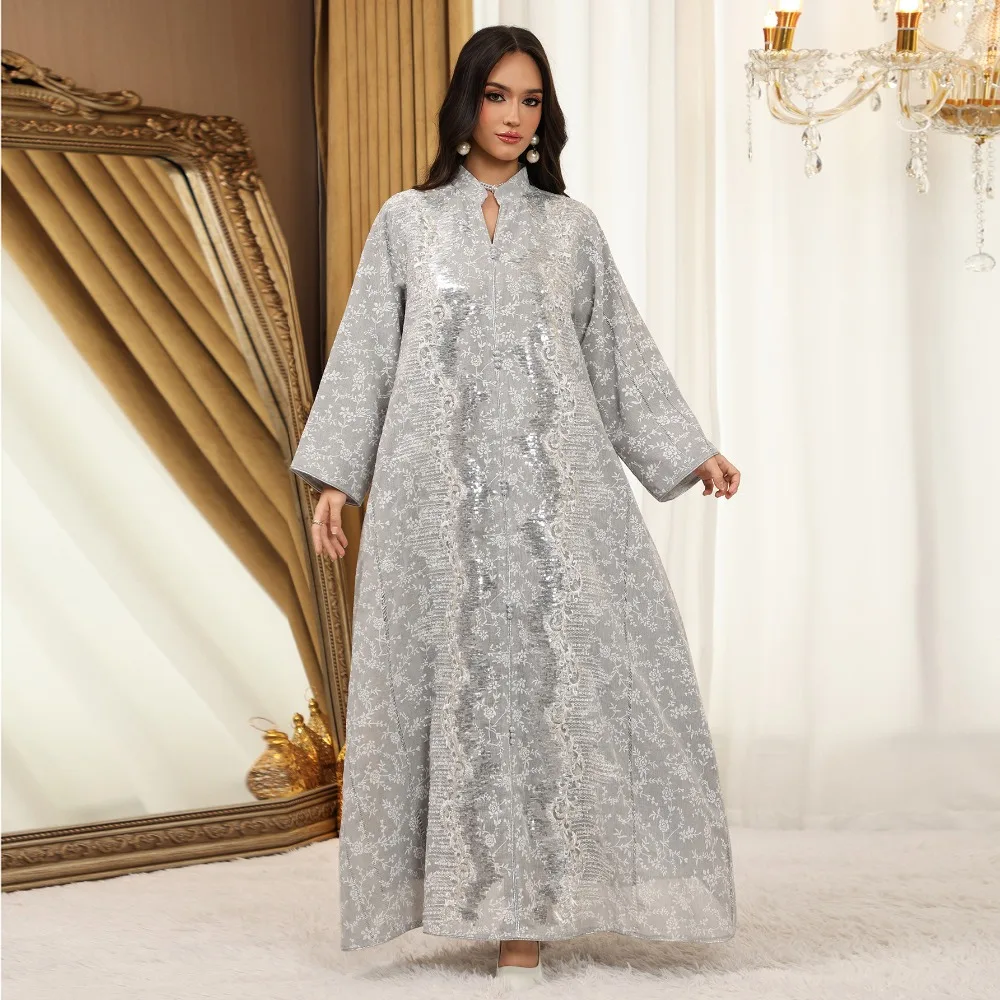 Eid Muslim Abaya Dress for Women Sequins Button Jalabiya Kaftan Islam Vestidos Largo Arab Long Robe Ramadan Morocco Abayas