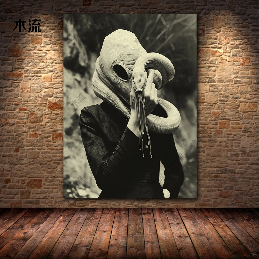 Creepy Vintage Photo,Wall Art Canvas Paitning,Humans Are Parasitized By Alien Creatures, Gothic Photography Art Print,Home Decor