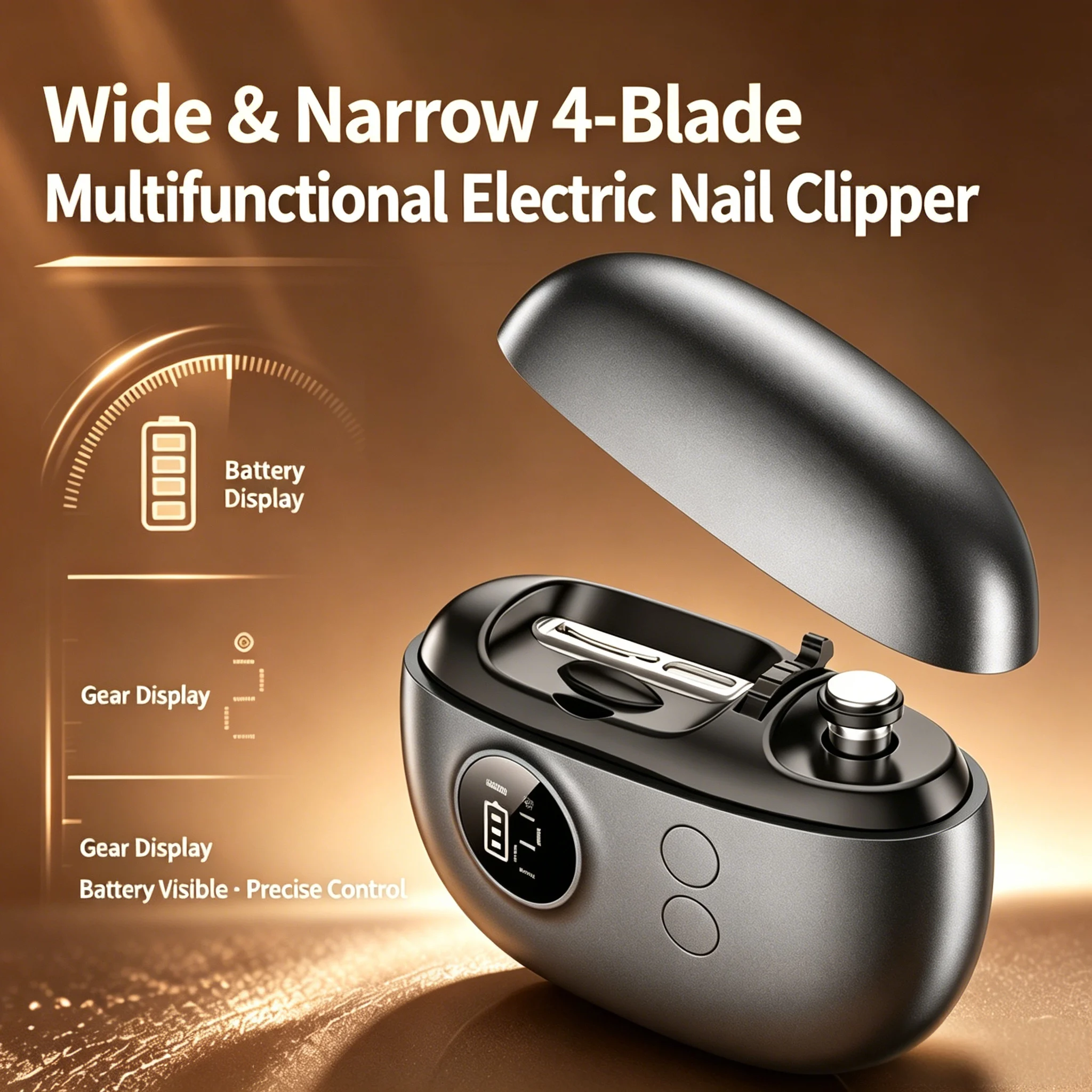 Electric Nail Clipper, 4-Side Patented Blade, HD Magnifier, Digital Display, Interchangeable Buffing Heads, Multi-color Design