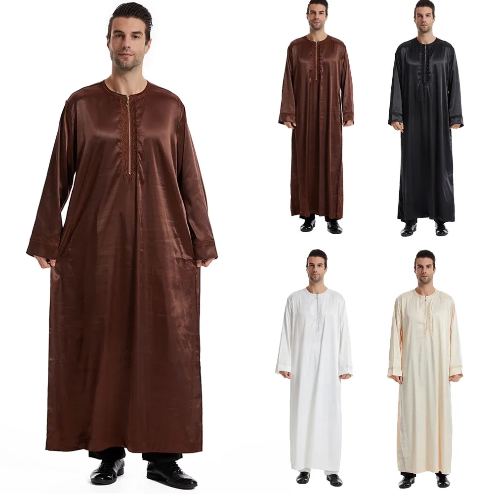 Abbigliamento islamico musulmano Uomo Jubba Thobe Cerniera Kimono Abito lungo Musulman saudita Indossare Abaya Caftano Islamico Dubai Arabo Spogliatoio