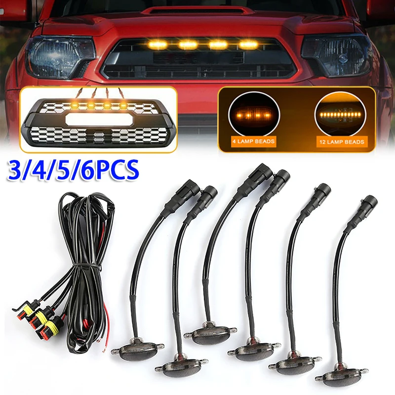 3/4/5/6pcs Smoked Lens Amber Car LED Front Grille Running Lights for Modify Off-road Vehicles (4/6 Lamp Beads)