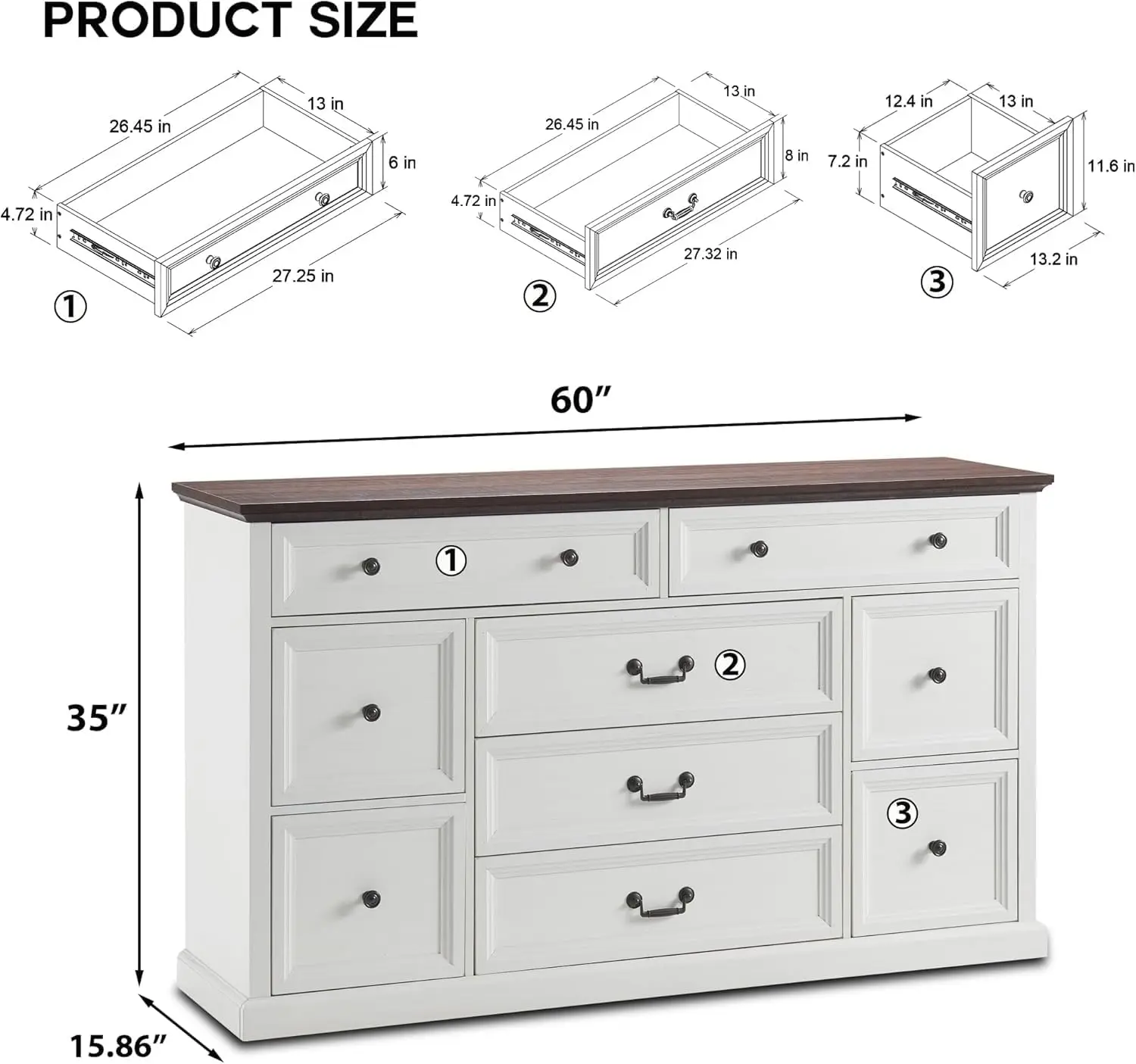 9 Drawer Dresser for Bedroom 60 Inch Wide Rustic Wood Chest Large Storage Organizer for Living Room Hallway Dining