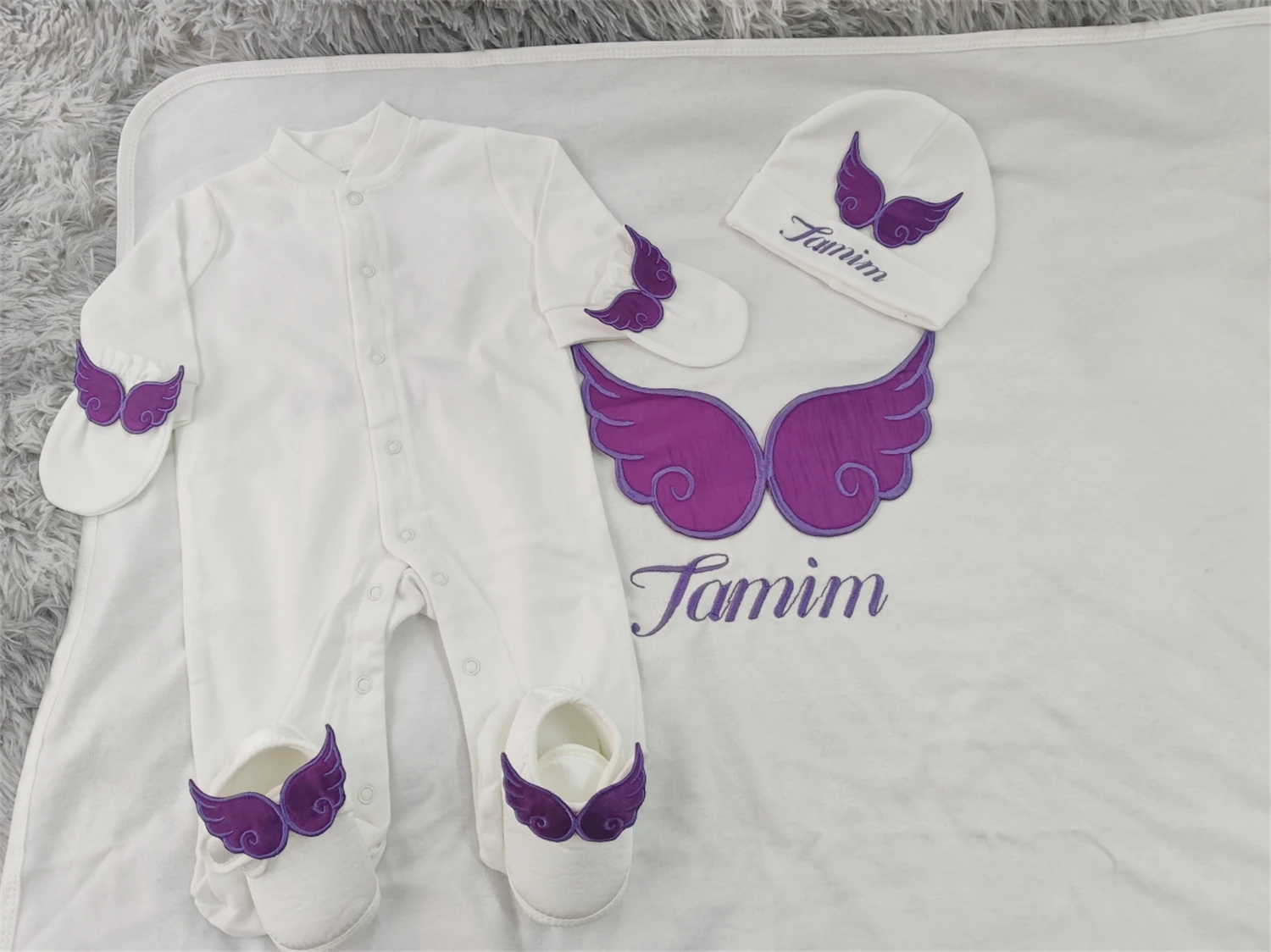 Radiant Luxury Purple Wing Embroidery Baby 5Pcs Footed Romper Matching Accessories Newborn Commemorative Set