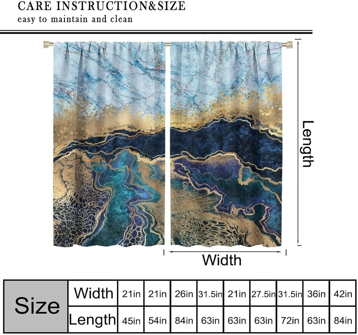 Blue Gold Abstract Marble Curtains Luxury Geode Agate Stone Pattern for Living Room Bedroom Home Decor