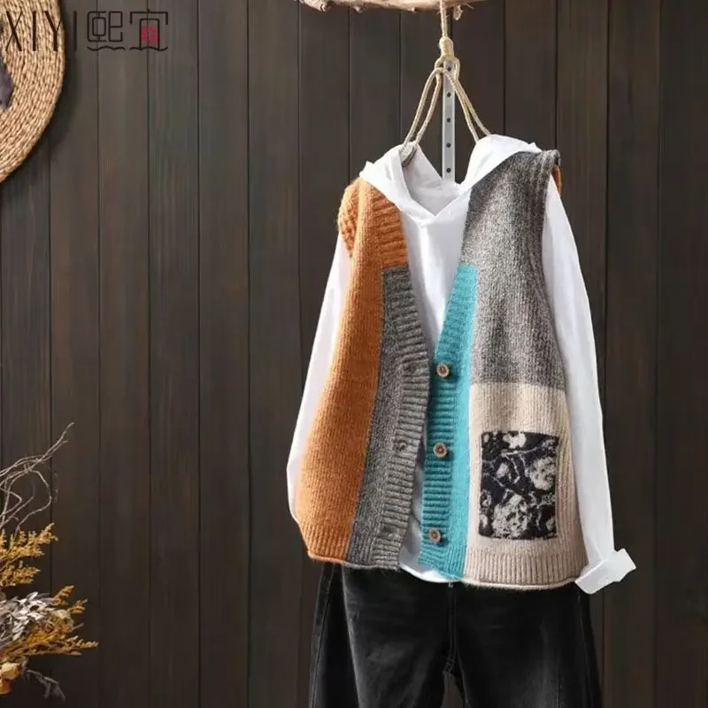 Spring and Autumn Women\'s Cardigan V-neck Sleeveless Button Print Patchwork Loose Vintage Fashion Casual Sweater Tank Tops