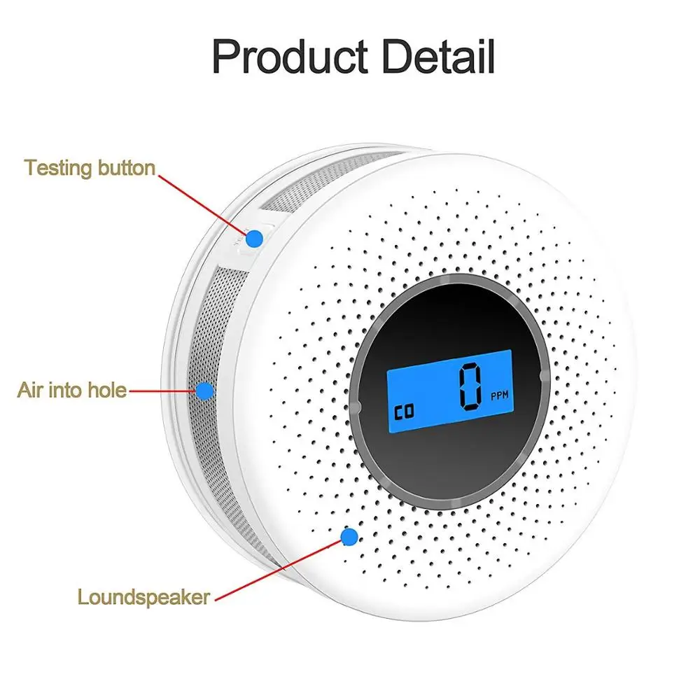 Carbon Monoxide And Smoke Combo Detector Battery Operated CO Alarm With LED Light Flashing Sound Warning