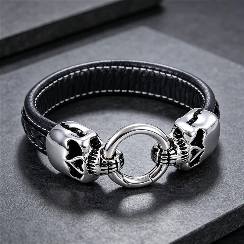 Gothic Punk Men Bracelet Stitched Black Leather Band Stainless Steel Polished Double Skull Spring Ring Biker Wrist Ornament