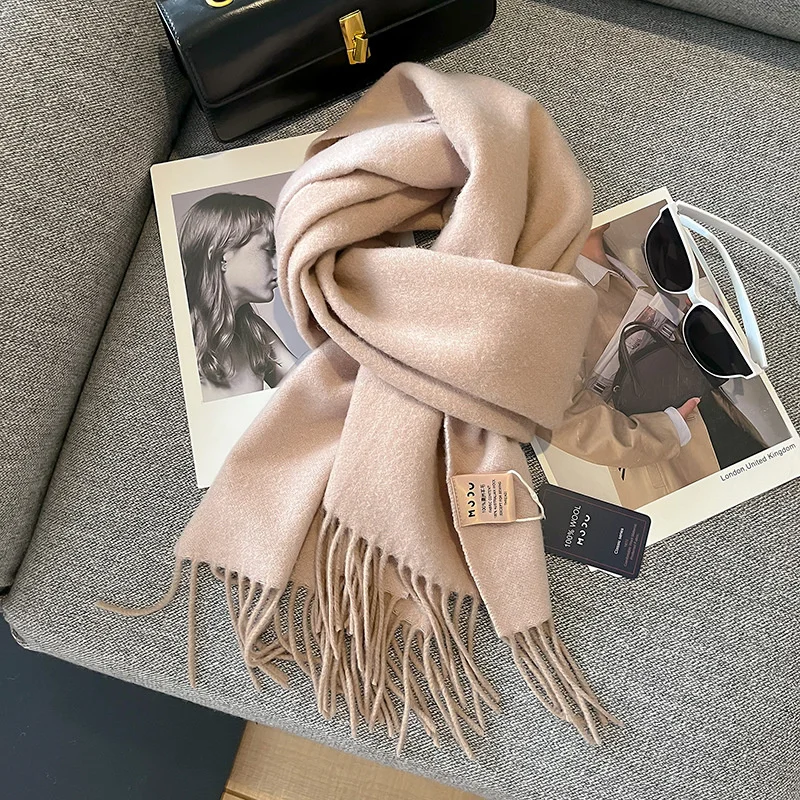 New Fashion Luxury Brand 100% Pure Wool Scarf Women Casual Soft Scarves Solid Color Shawl Thickened Cashmere Pashmina Lady Hijab