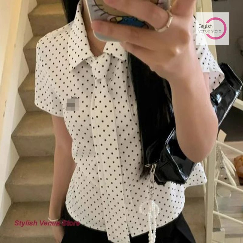 

French polo neck polka-dot printed slim short-sleeved shirt women's summer cardigan breathable temperament age-reducing top