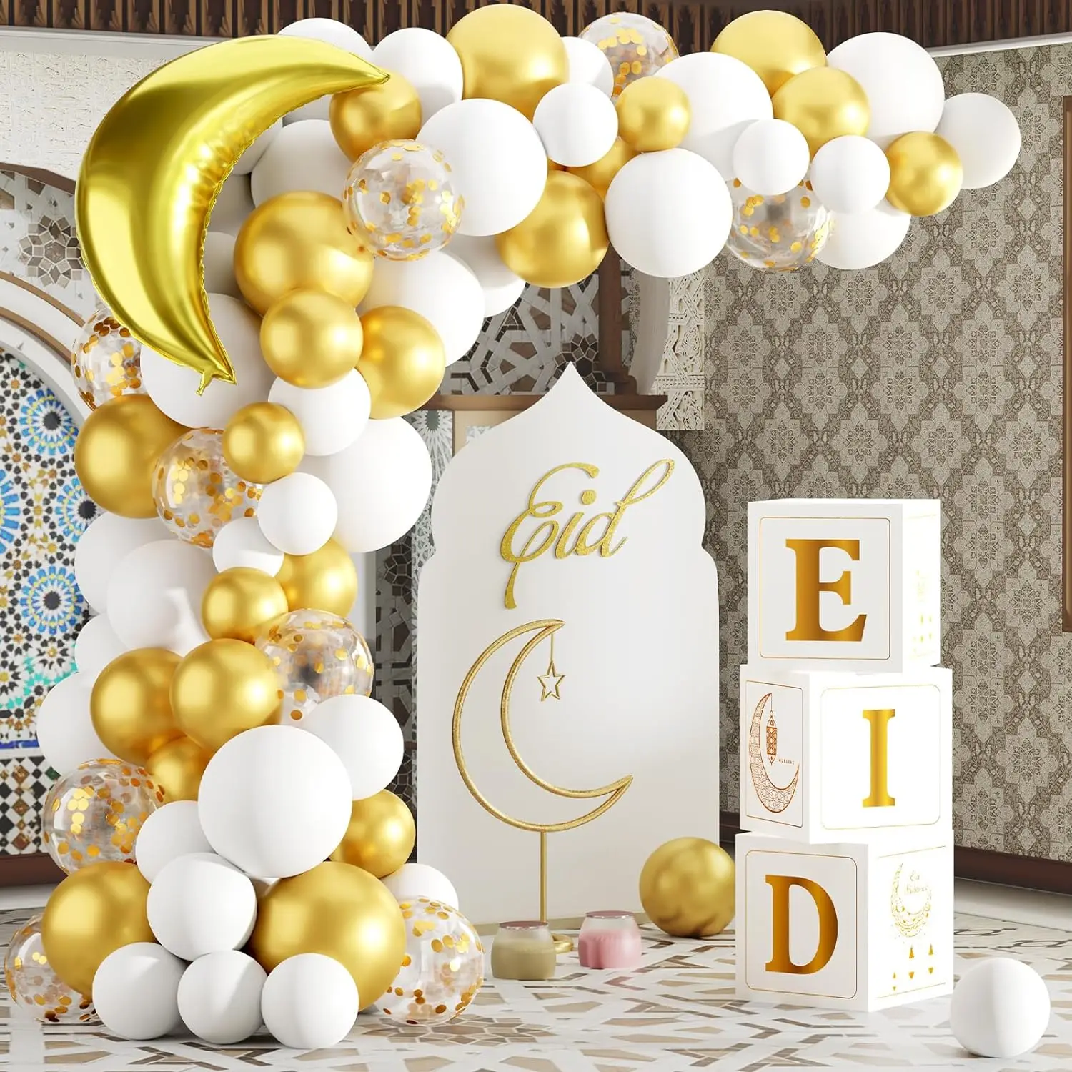 Dekoracja Eid Mubarak do domu 91 szt. Biały łuk złoty balon z Eid Mubarak balony w kształcie gwiazdek Ramadan Party dostarcza dekoracje