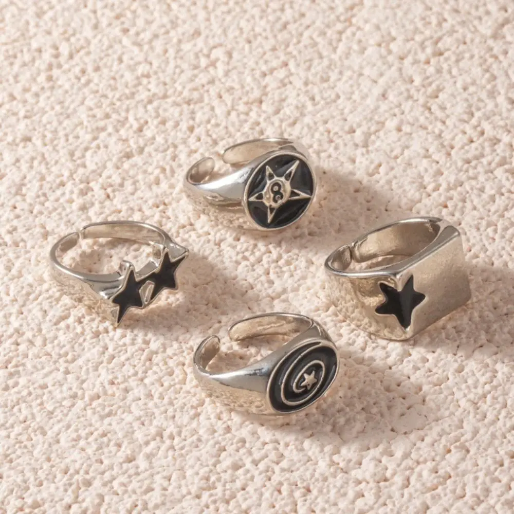 4pcs Irregular Design Geometric Open End Rings Bold Design Black Five-Pointed Star Punk Couple Rings Geometric Thick