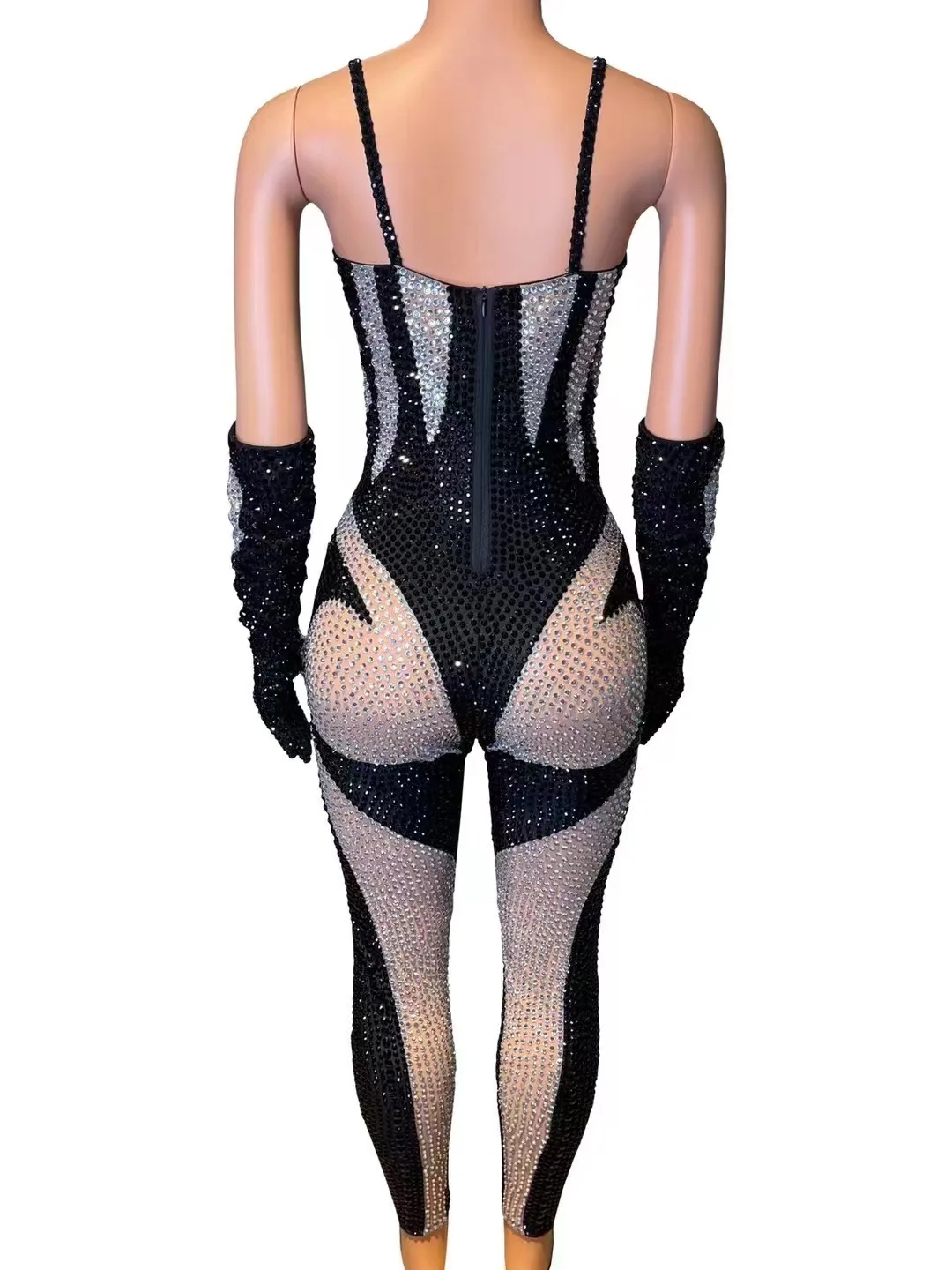 Women Sexy Black White Rhinestones Outfit Jumpsuit With Gloves Transparent Birthday Dance Stage Evening Celebrate Club Bodysuit