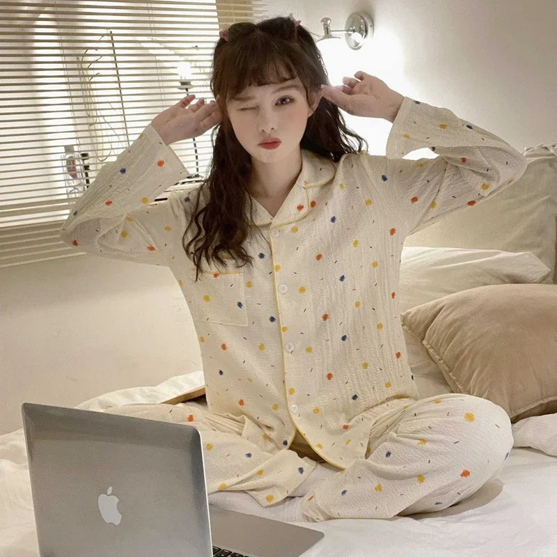 2024 Spring Autumn Long Sleeve Cotton Print Pajama Sets for Women Korean Loose Sleepwear Suit Homewear Pijama Mujer Home Clothes