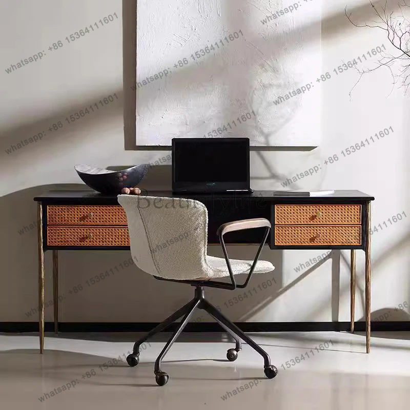 Medieval oak desk rattan writing desk study modern simple solid wood computer desk