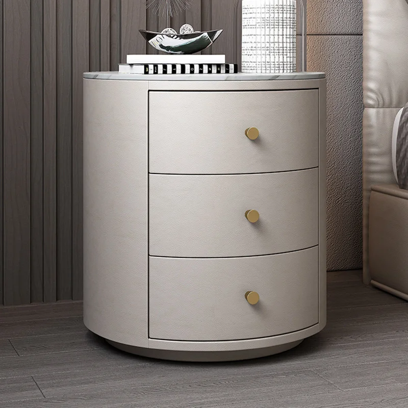 Luxury Smart Nightstand Bedside Cabinet Round Wooden Bedside Table With Led Light