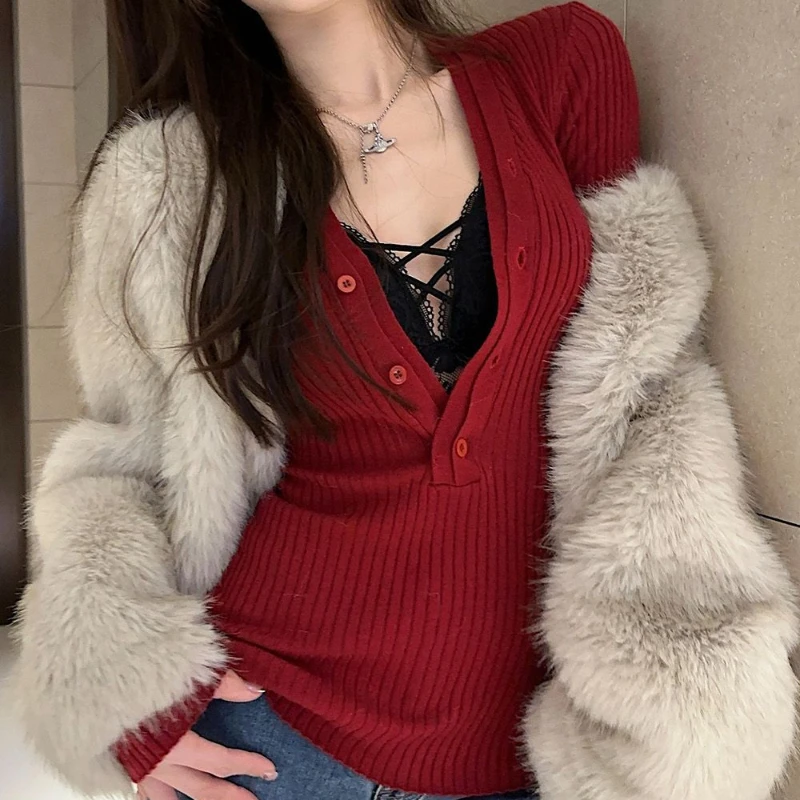 DAYIFUN Women's Two-piece Red Sweaters Sexy Female's Half Open Deep V-neck Slim Tops Korean Fashion Autumn Long Sleeved Clothing