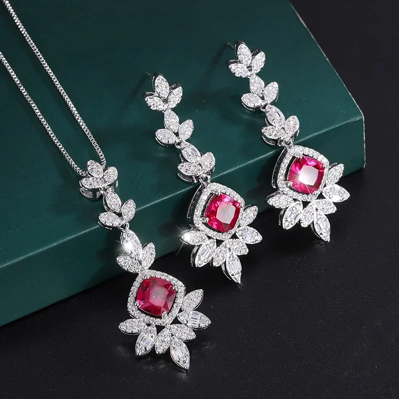 

Square Ruby High Carbon Diamond Pendant Tassel Earrings Women's Jewelry Luxury Designer Bride Wedding Gift Dress Accessory Boho