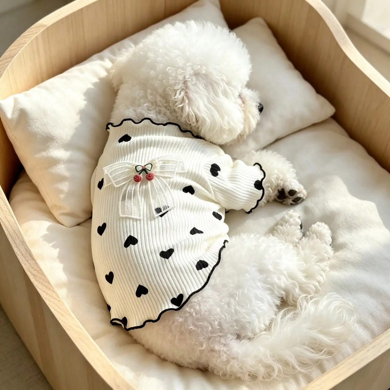 1 Stück Haustier-Hundetop mit Herz-Print, Rüschenbesatz, niedlicher Netzschleife und Kirschdekoration, Pullover-Shirt, weiche Strickkleidung – Detail 8
