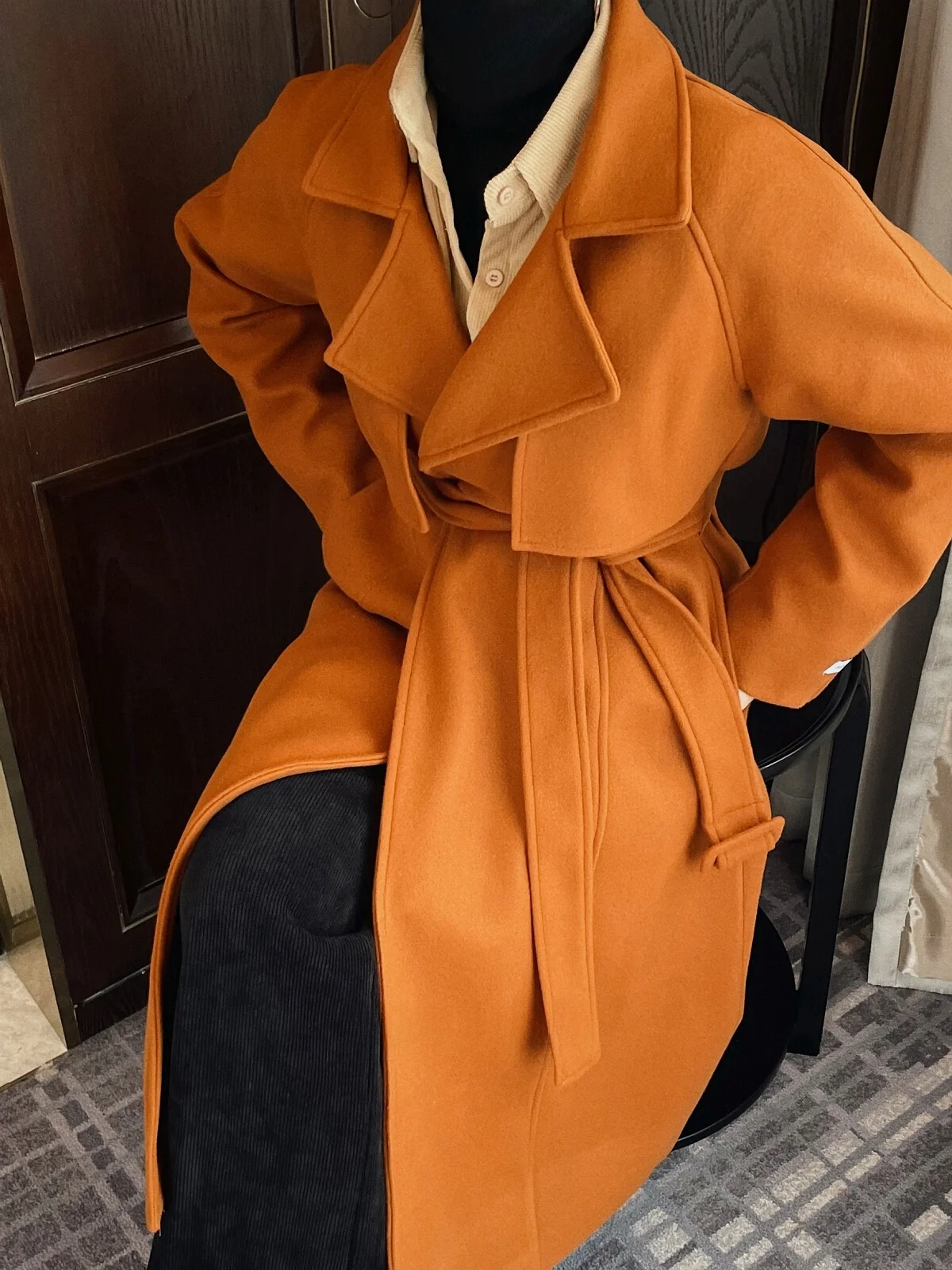 

Ele Long Woolen Coat Lady's High Waist Outerwear Autumn Winter New Loose Retro Sle Plaid Pattern Single Button Closure