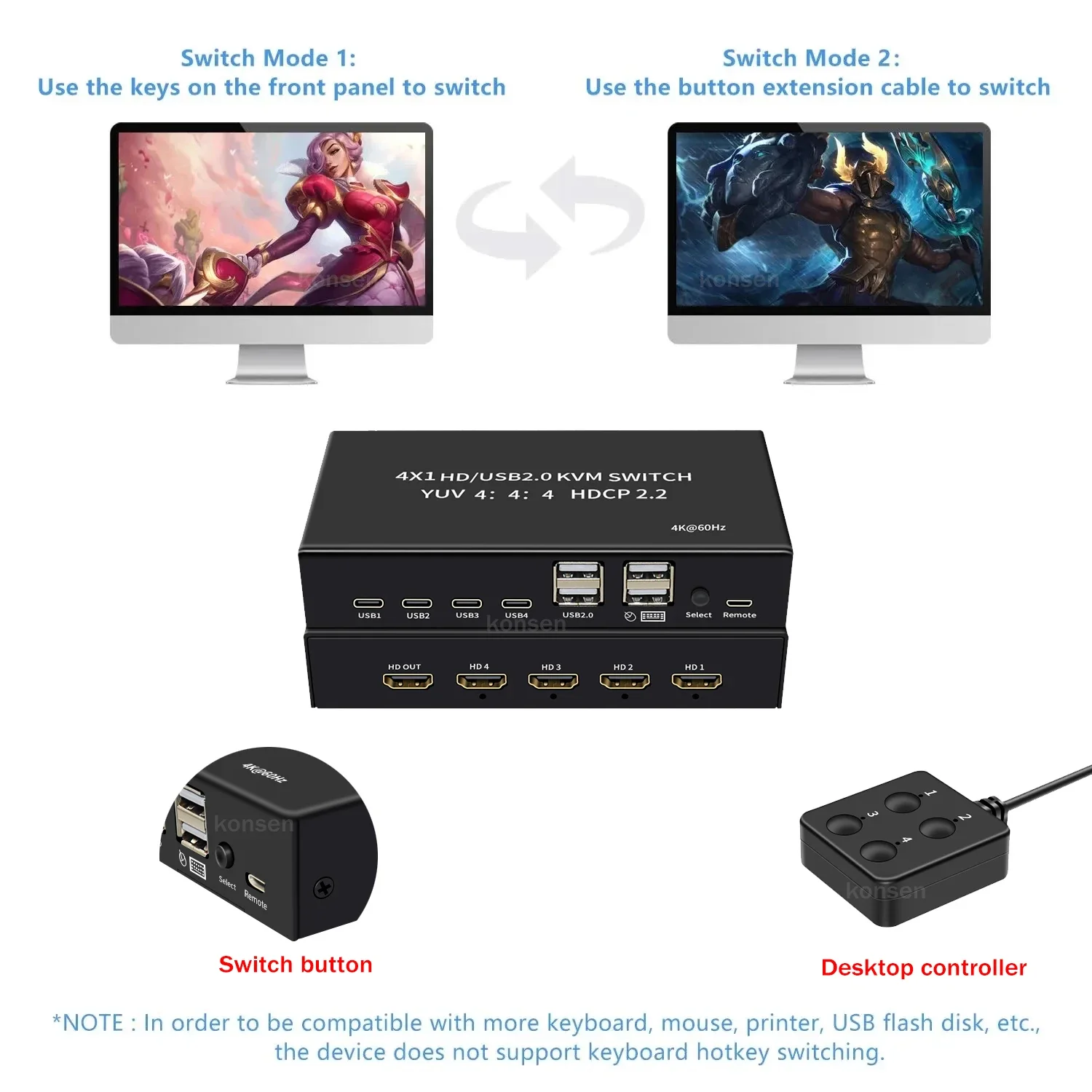 Imagem -04 - Hdmi Usb Kvm Switcher em Saída para pc Share Monitor Mouse Teclado Portas Hdcp2.2 4k 60hz em 1