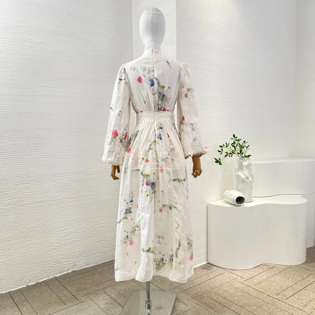 Holiday Beach Style Series White Elegant Floral Print Full Lantern Sleeve Linen Women High Quality Midi Dresses