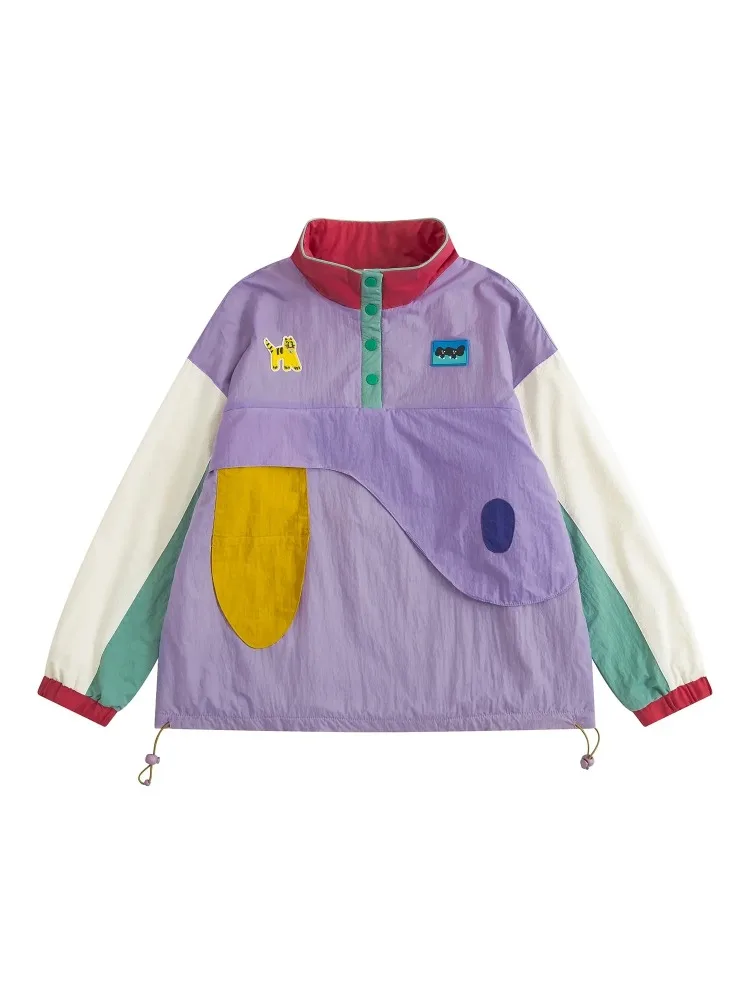 

Женский пуловер, куртка, новый зимний, осенний, оригинальный, шикарный дизайн, цветной воротник-стойка, Мультяшные нашивки, шерстяная подкладка, теплое пальто, верхняя одежда