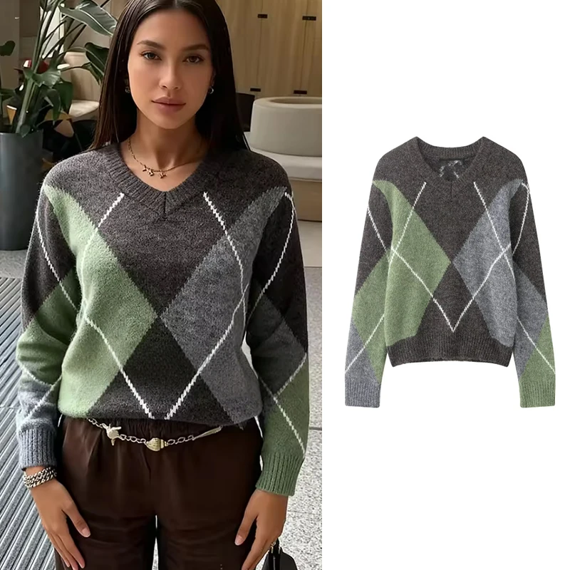 

Knitted Pullover Tops Women's Spring 2026 New Elegant Women British Diamond Lattice Long-Sleeved Sweater Chic Warm Pullover