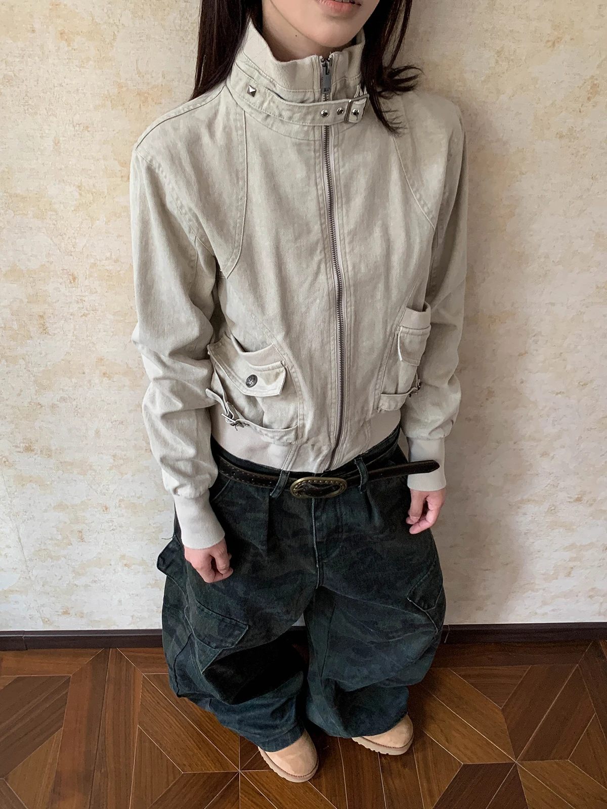 

Aket American Waed Distred Deconstructed Design Workwear Jaet Stand Collar Slimming ort Outerwear Women