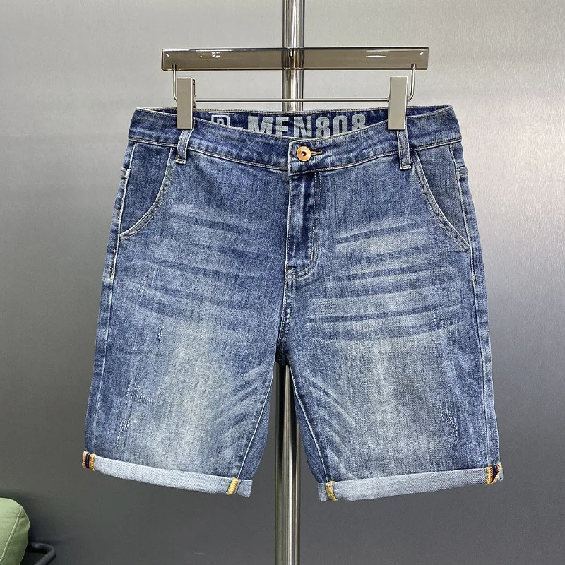 Summer Slim fit thin denim shorts men's high-end fashion elastic soft casual fashion Korean washed-out shorts