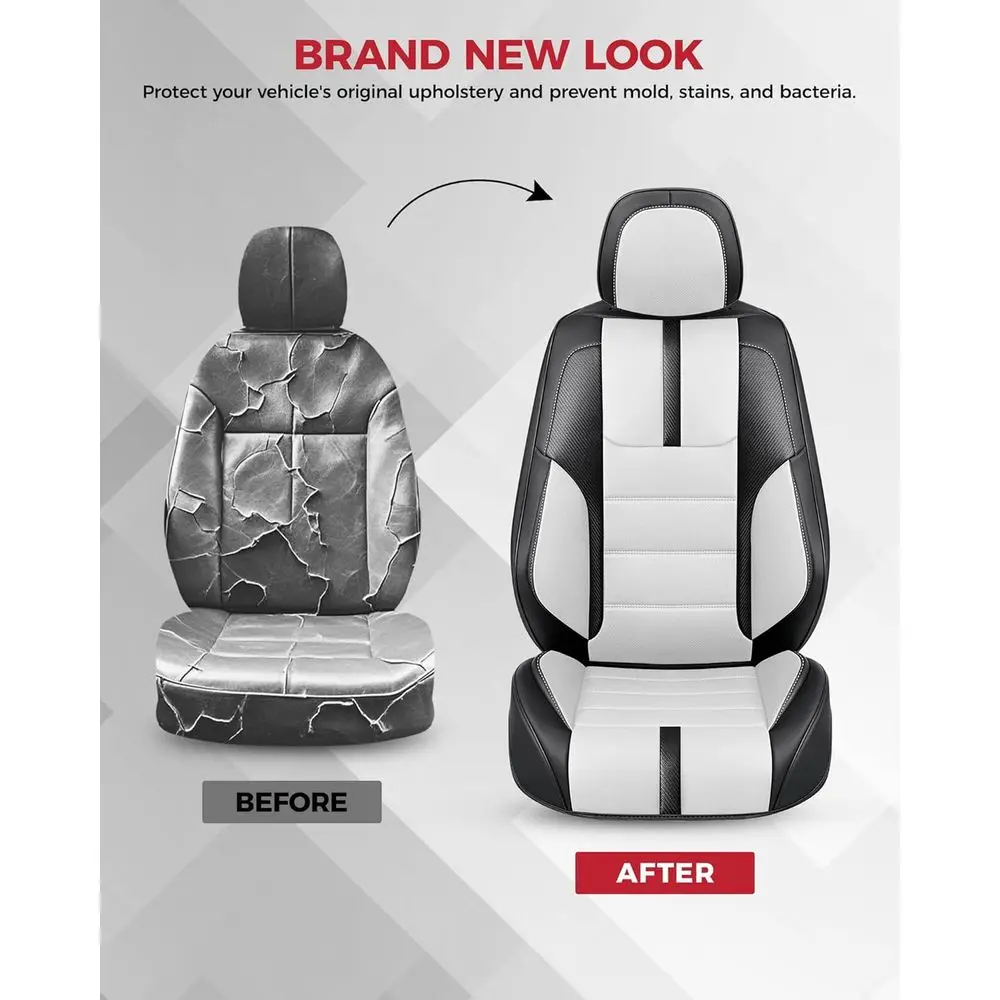 أغطية مقاعد السيارة من جلد نابا الصناعي باللونين الأبيض والأسود مع وسادات حزام الأمان من ألياف الكربون وواقيات وسادة لطيفة لسيارة السيدان #6