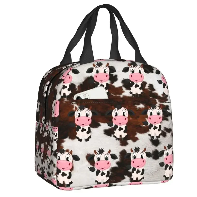 Bolsas de almuerzo con aislamiento de vaca lechera de dibujos animados para acampar, viajar, refrigerador impermeable, caja térmica Bento para mujeres y niños