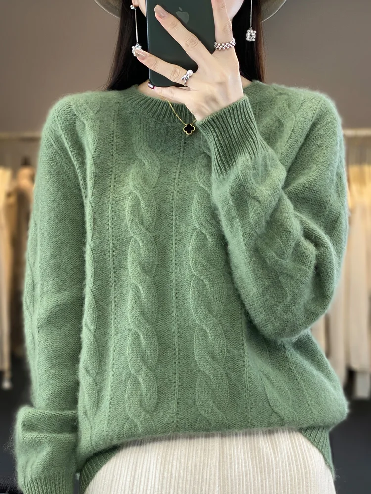 Women Winter Sweater 100% Merino Wool Thick Warm O-Neck Pullover Twist Flower Cashmere Knitwear Casual Korean Popular Clothes