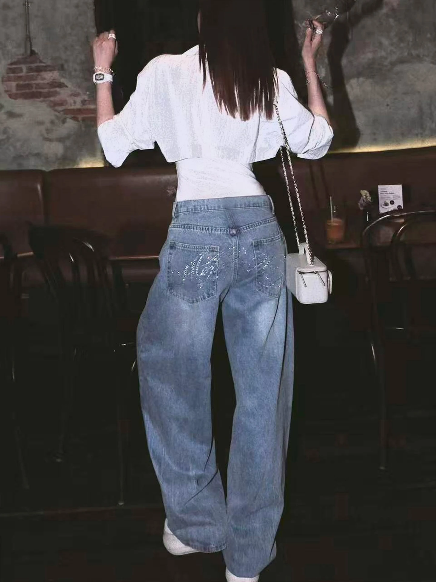 

Женские джинсы Li Wan Jun с высокой талией, широкими штанинами, стразами, повседневные, удлиненные, из хлопка, модель 78, с эффектом похудения