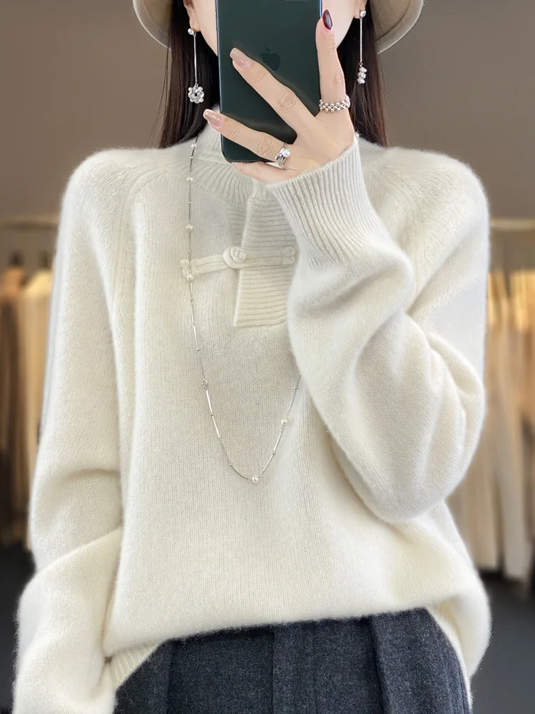 Women 100% Merino Wool Sweater Mock Neck Thick Chinese Knot Button Pullovers Autumn Winter Cashmere Knitwear Warm Soft Clothes