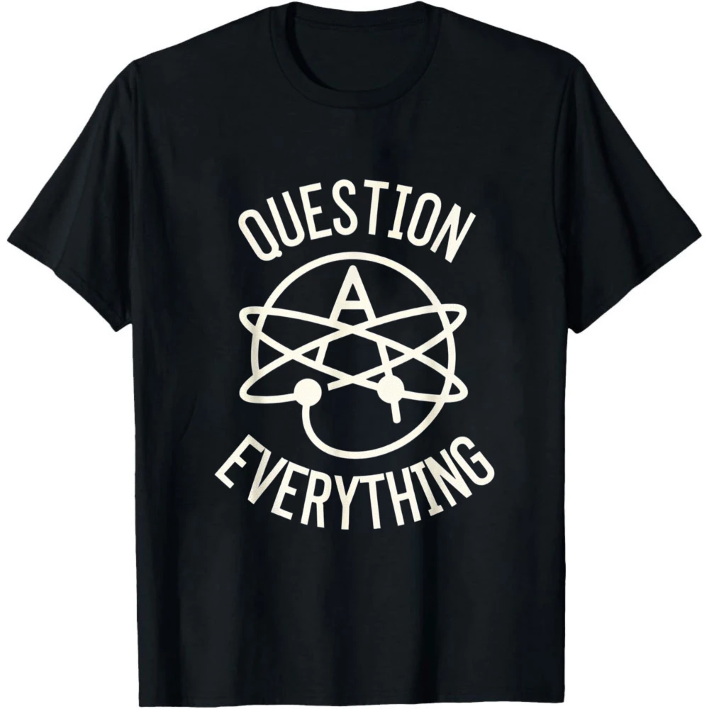 Question Everything Atheist Atomic Symbol T-Shirt Men Retro Skeptical Philosophy Graphic Short Sleeve Atheism Lover Gift Tees