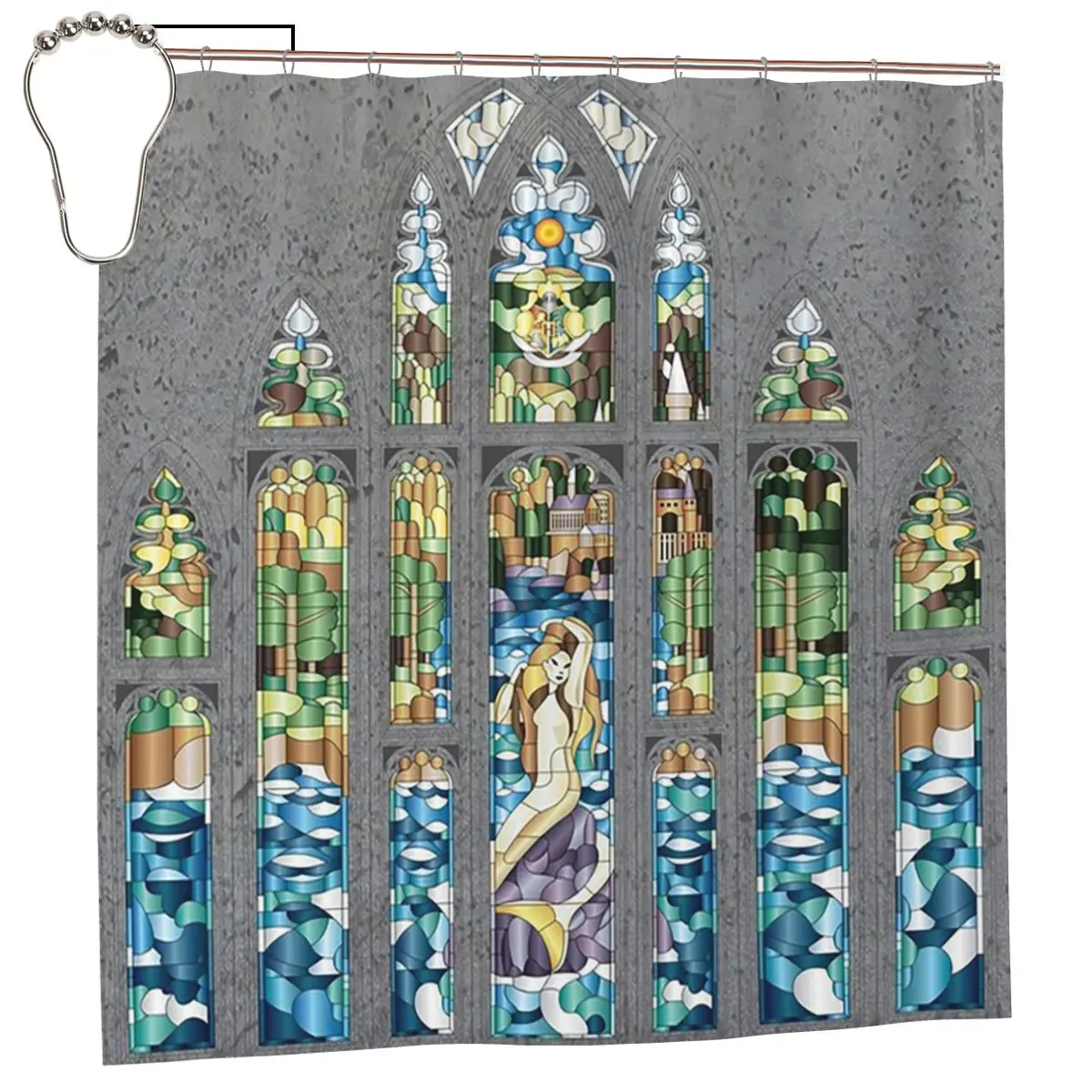 

Stained Glass Mermaid Shower Curtain Bathroom Polyester Waterproof Bath Curtains with Hooks