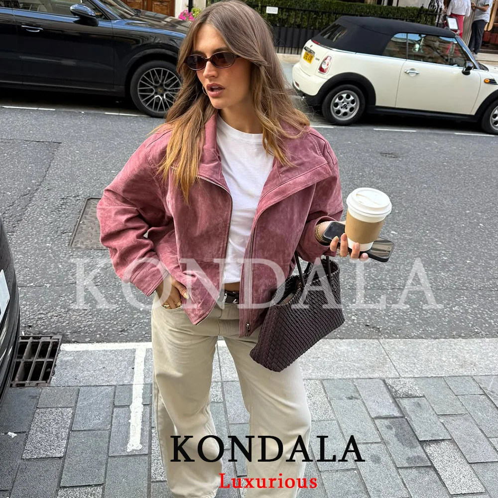 KONDALA Lässige, schicke Wildleder-Bomberjacke für Damen, langärmelig, mit Reißverschluss, Stehkragen, Damenmantel, Herbst/Winter, mit Taschen, Streetwear-Jacke – Detail 5