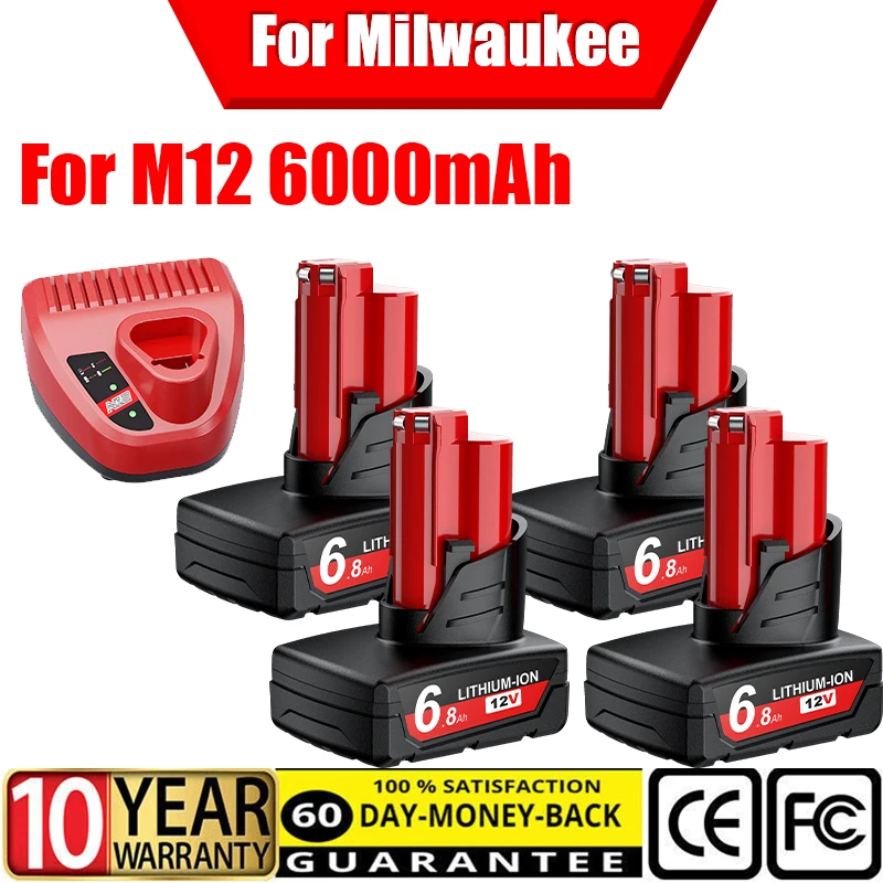 6.8 Ah 12V Replacement Battery For Milwaukee M12 XC 48-11-2411/48-11-2401/MIL-12A-LI Wireless Tools Rechargeable Li-ion Battery