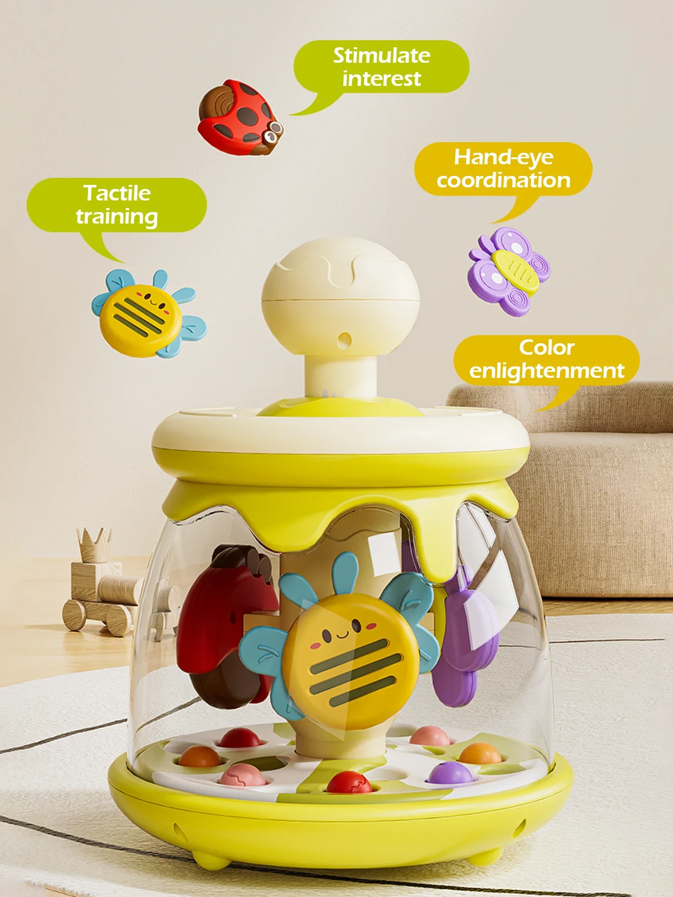 Jouets éducatifs à presser pour enfants de 6 mois et plus, rotatifs avec insectes et boules, coordination des mains, cadeau de noël apaisant, 1 pièce