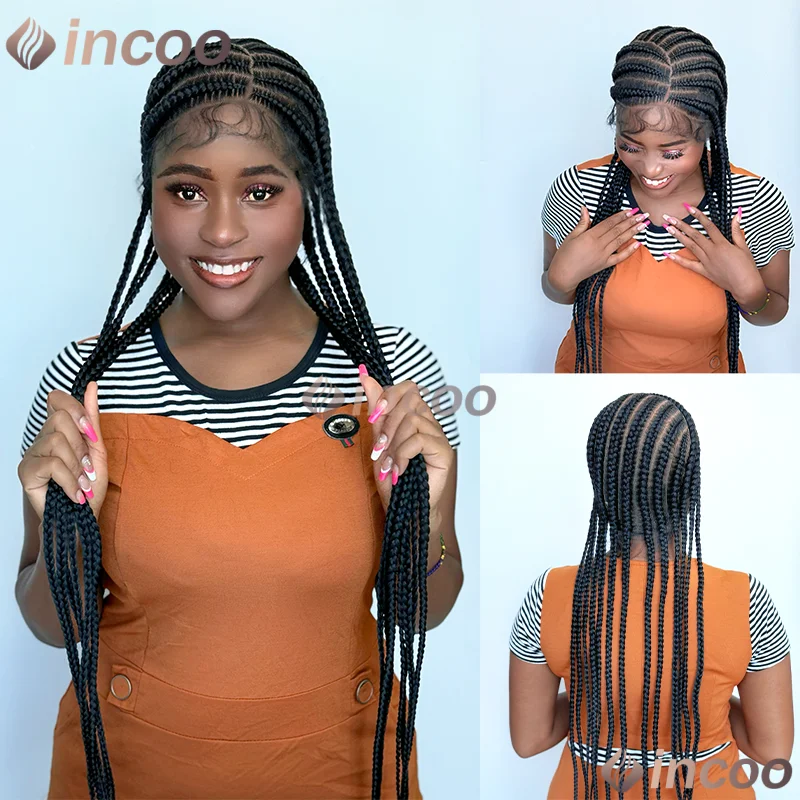 

36 "синтетические боковые части плетения волос Cornrow Box плетеные парики для чернокожих женщин полный парик фронта шнурка