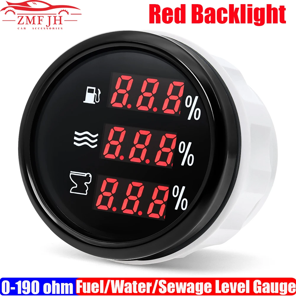 

Цифровой индикатор уровня топлива/воды/канализации ZMFJH RED LED 0~100% 52 мм с сигнализацией и подсветкой, 0-190 Ом, для автомобилей и лодок