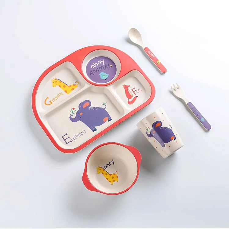 

5Pcs/Set Baby Dish Tableware Children Cartoon Car Feeding Bowl Dishes Kids Natural Bamboo Fiber Dinnerware With Fork Spoon Plate