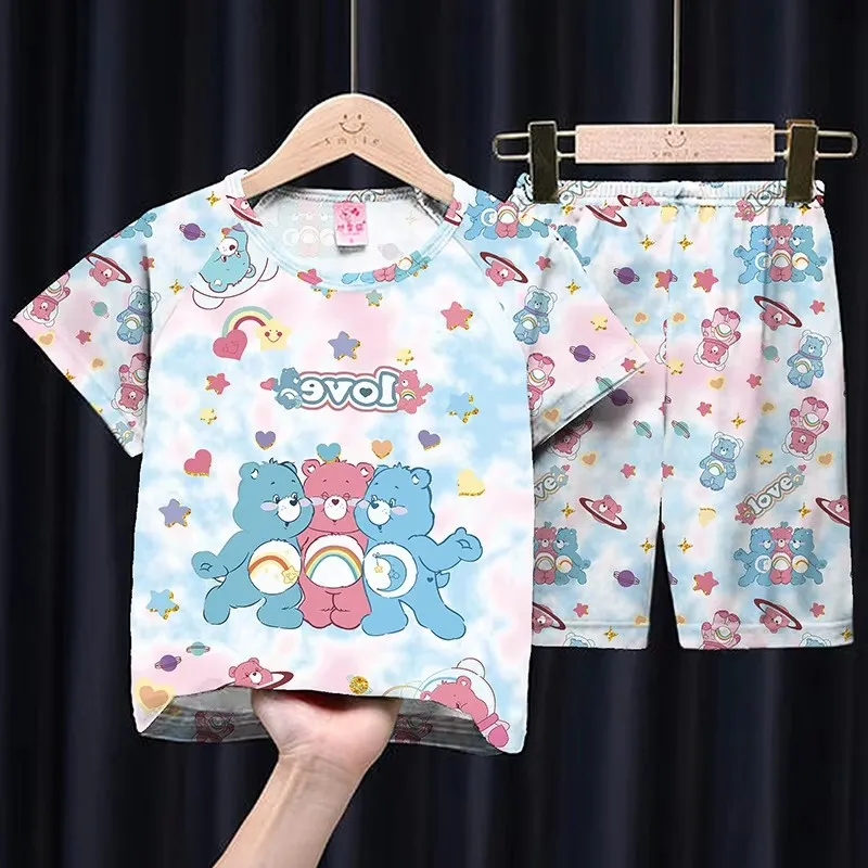 

Летние детские пижамы Disney с короткими рукавами для девочек, комплект домашней одежды с рисунком медведя и радужным медведем, пижамная одежда для сна, одежда