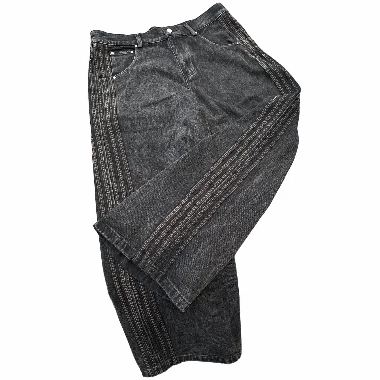 

Y2K Streetwear Jeans Clothes Men Women Hip Hop Retro Stripe Embroidery HCW Baggy Jeans Black Pants Wide Leg Pants